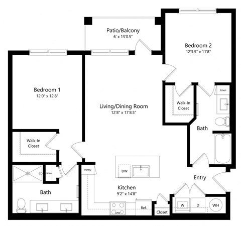 Floor plan for 2 beds, 2 baths, 1084 sqft